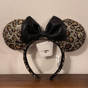 Disney Parks Minnie Mouse Ears Headband Leopard Print Sequin Gold Black Animal